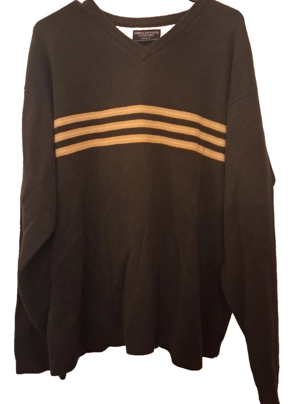 American Eagle Outfitters Black V-Neck Sweater with Tan Stripes